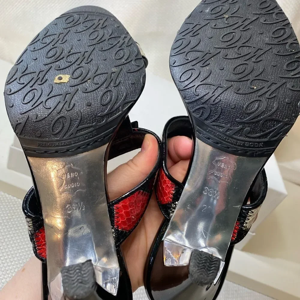 Van Maria by Soda Snakeskin & Rhinestone Heels Size 6 | 3” Acrylic Heel Slip-Ons